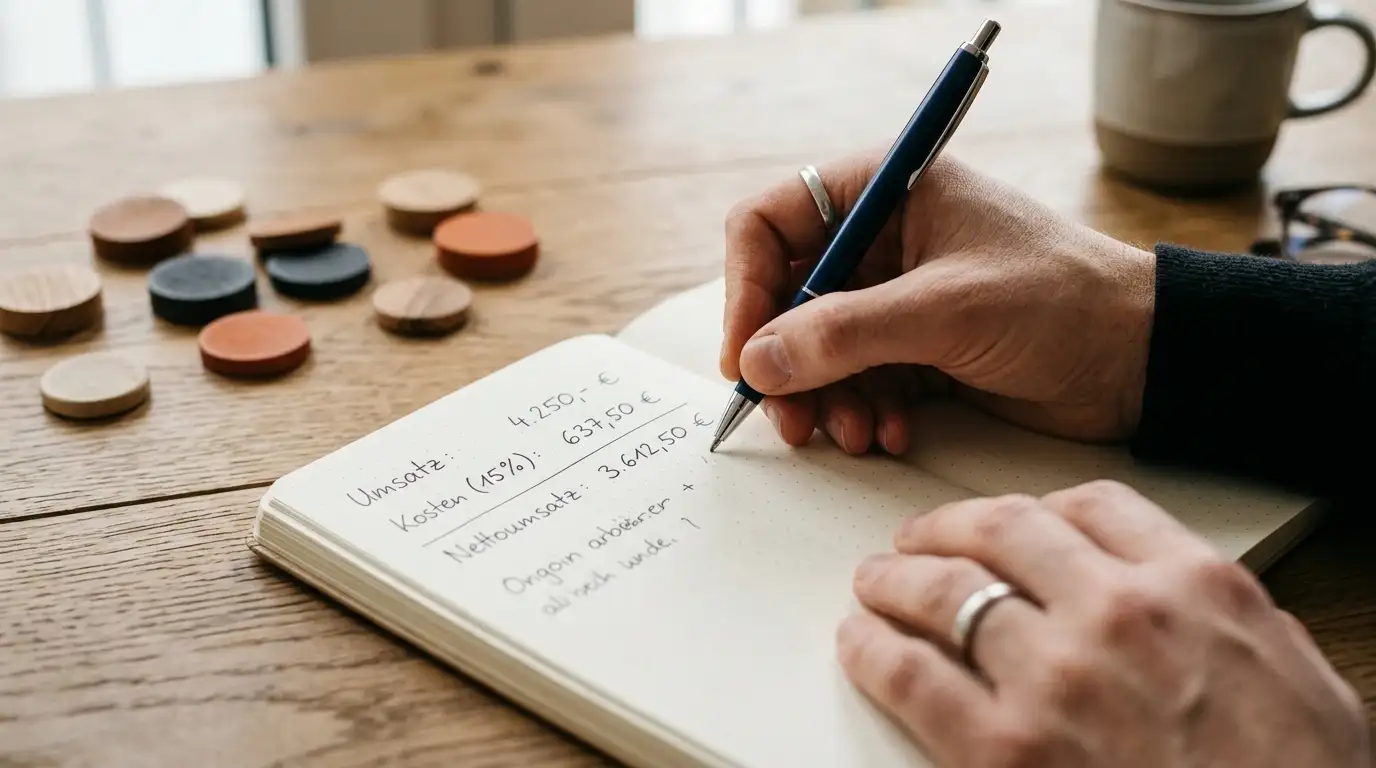 Stift, Notizbuch und einfache Umsatzrechnung ohne Geldscheine