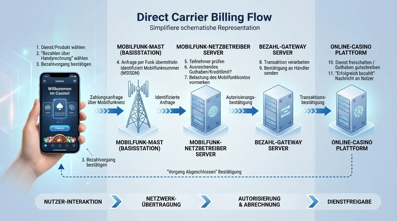Direct Carrier Billing Technologie Schema für A1 Casino-Zahlungen