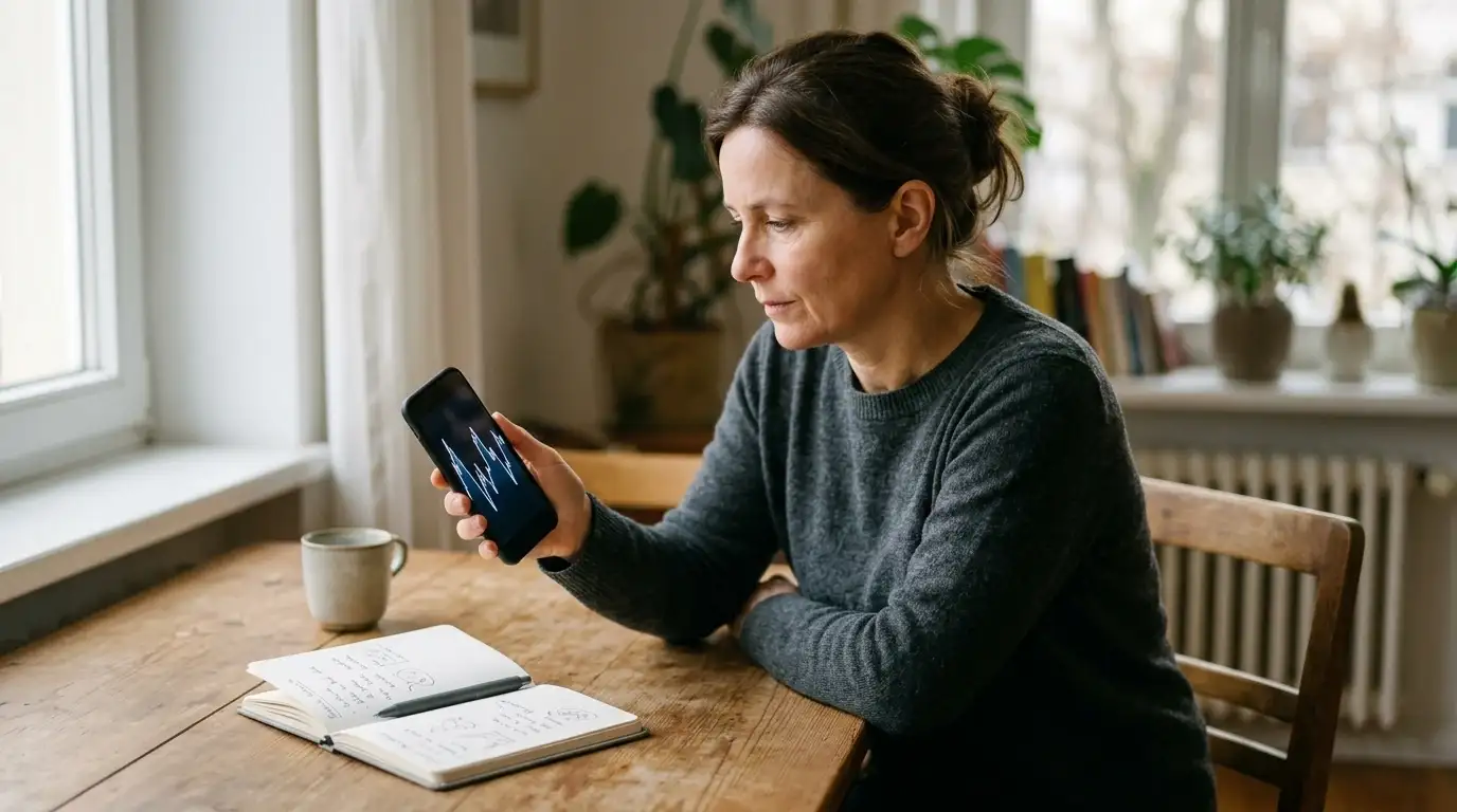 Person prüft ADA-Kursverlauf auf dem Smartphone neben einem Notizblock