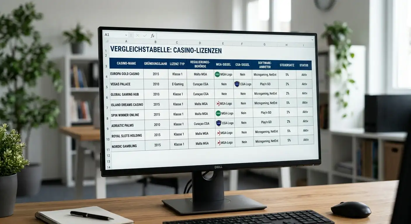 Vergleichstabelle auf Bildschirm mit Casino-Namen und Lizenzsiegeln