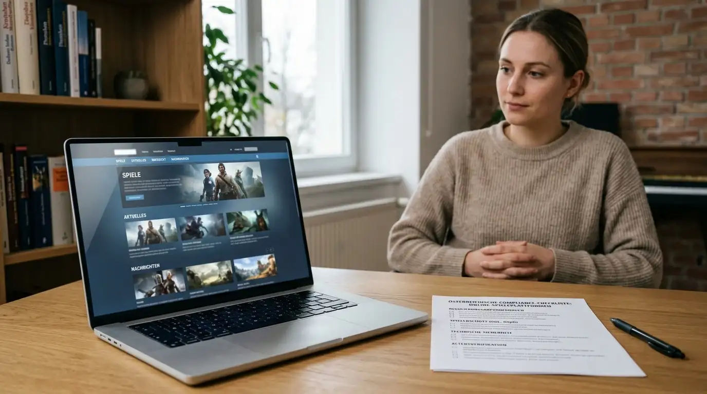 Laptop mit neutraler ausländischer Casino-Seite neben einer österreichischen Prüfliste