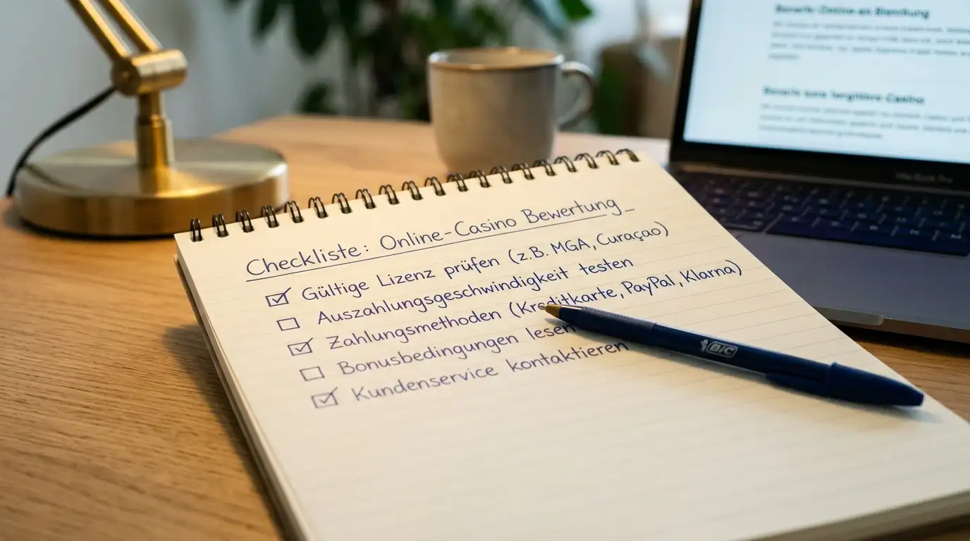 Checkliste mit Auswahlkriterien für Online-Casinos auf Notizblock