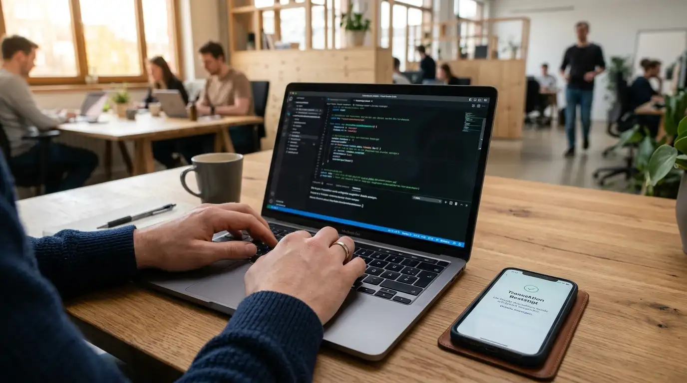Laptop und Smartphone auf Schreibtisch — Krypto-Transaktionsbestä