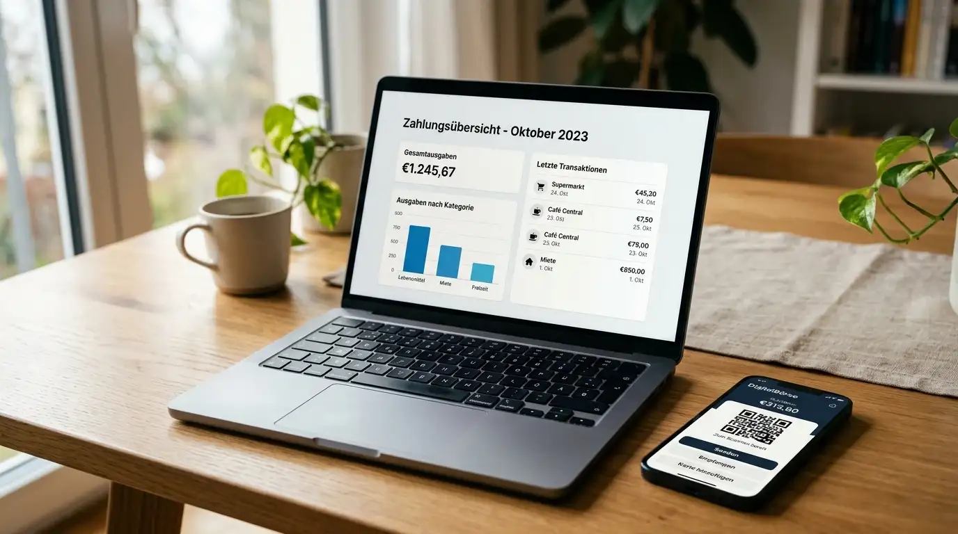 Laptop mit Zahlungsübersicht und Smartphone mit E-Wallet-App auf Schreibtisch, warme Beleuchtung