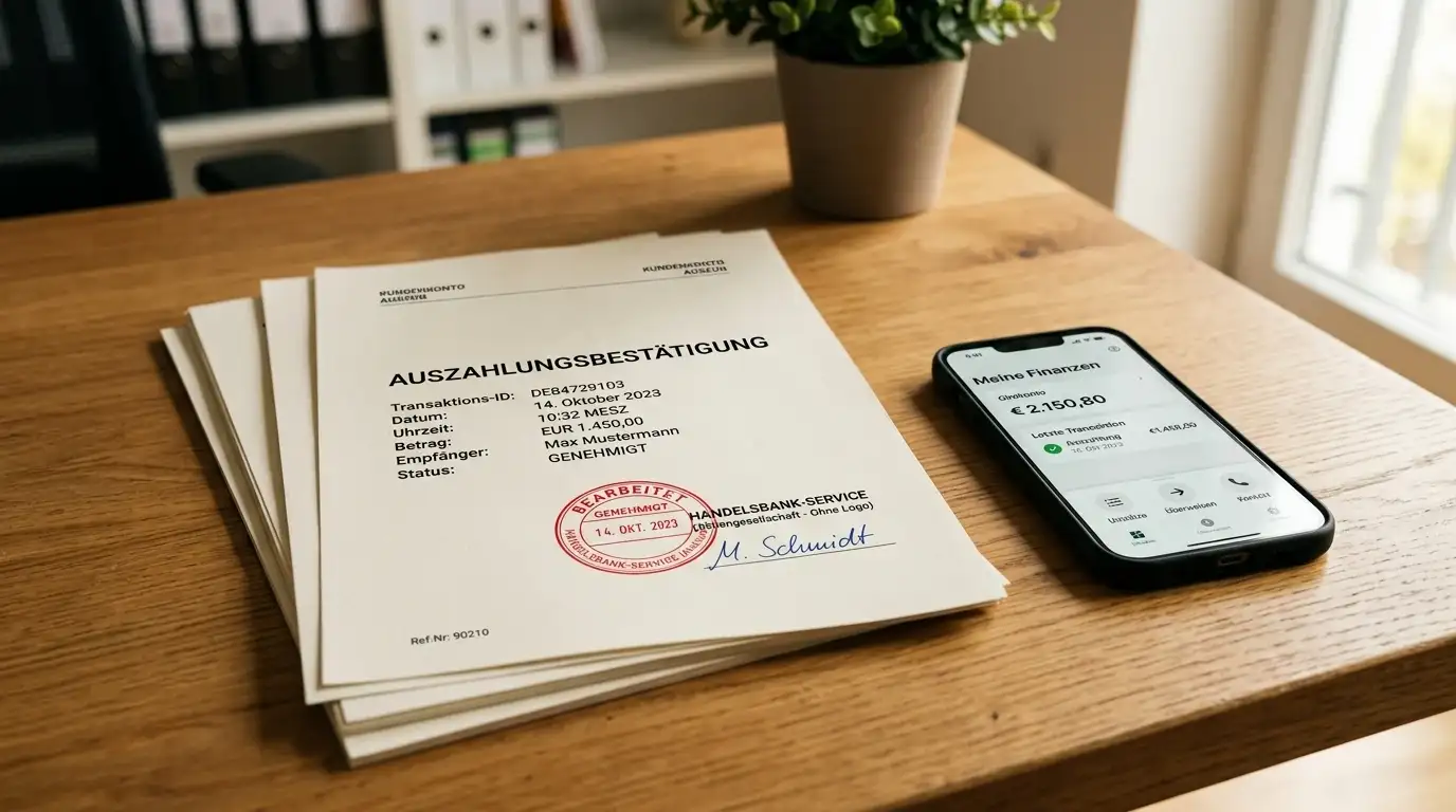 Gestapelte Dokumente mit Auszahlungsbestätigungen und Zeitstempel-Vergleich