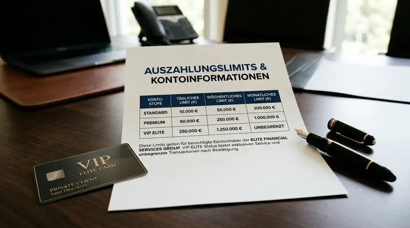 VIP-Karte neben Dokument mit Auszahlungslimits und Stift