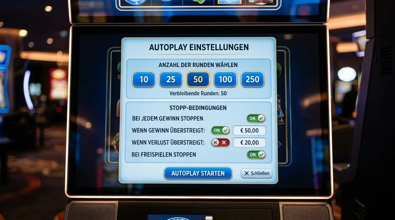 Autoplay-Einstellungspanel mit Rundenzahl und Stopp-Bedingungen