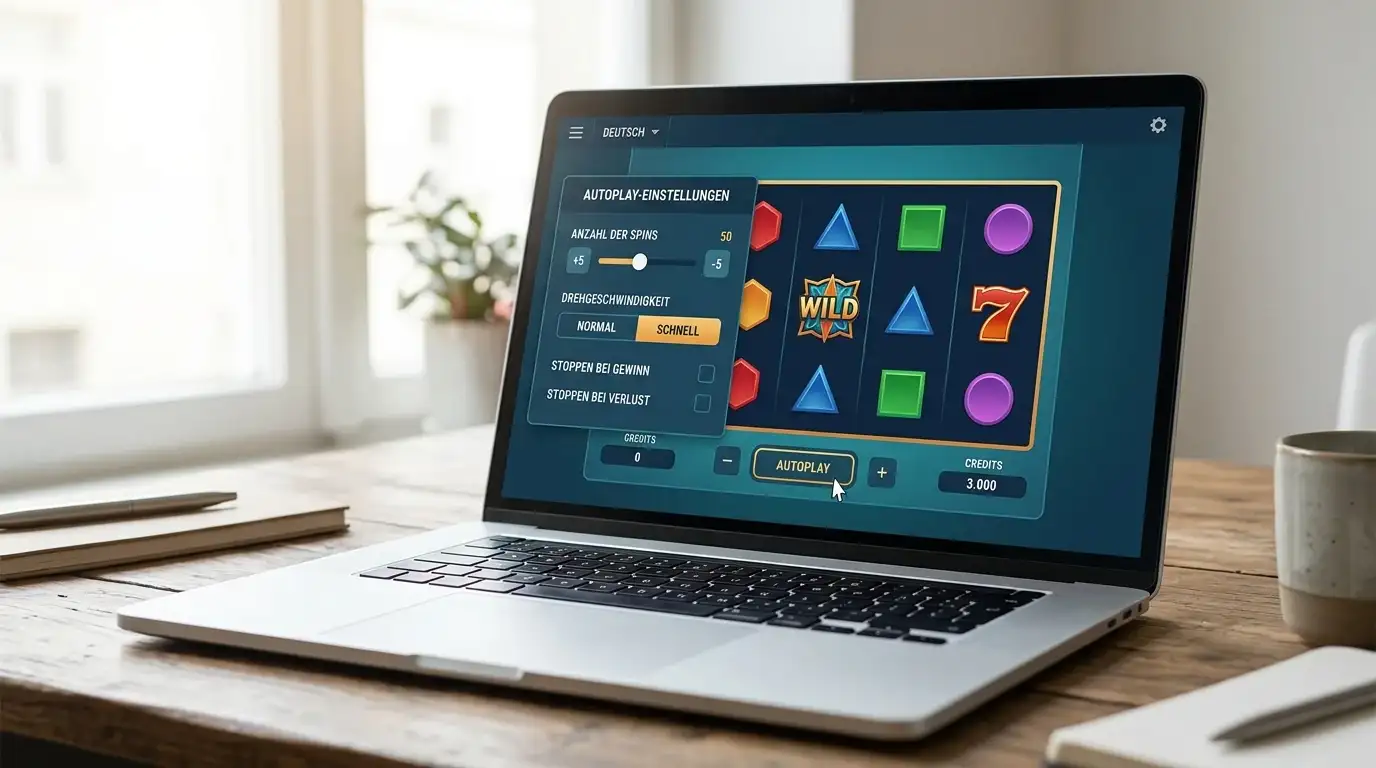 Laptop-Bildschirm zeigt Slot-Interface mit Autoplay-Einstellungen und Spin-Zähler