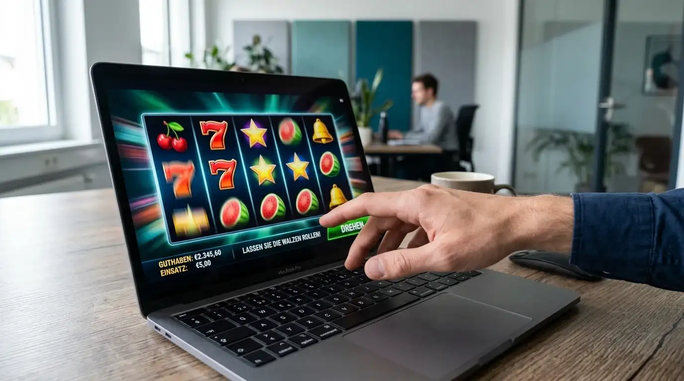Hand über Laptop-Tastatur mit Casino-Interface und Speed-Effekt auf Walzen
