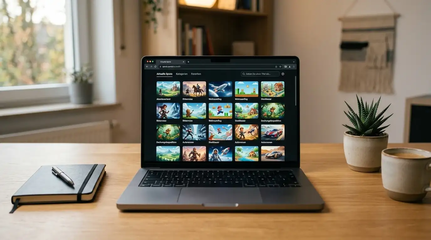 Modernes Online-Casino-Interface mit Spieleportfolio auf einem Laptop-Bildschirm