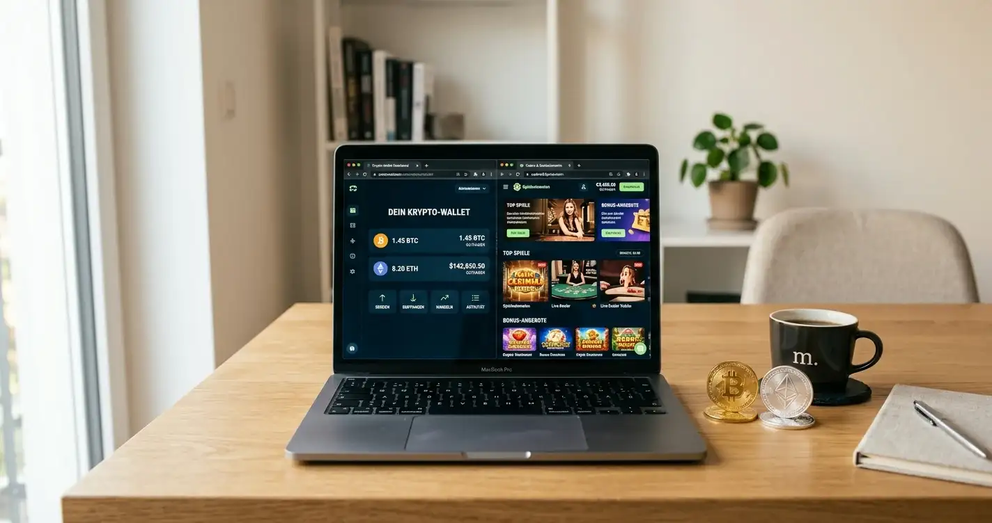 Laptop mit Bitcoin-Wallet und Krypto-Casino-Interface auf modernem Schreibtisch
