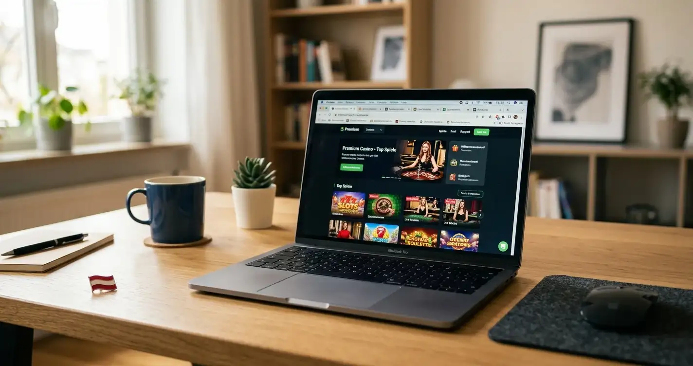 Ausländische Online-Casinos auf einem Laptop-Bildschirm mit österreichischer Flagge im Hintergrund