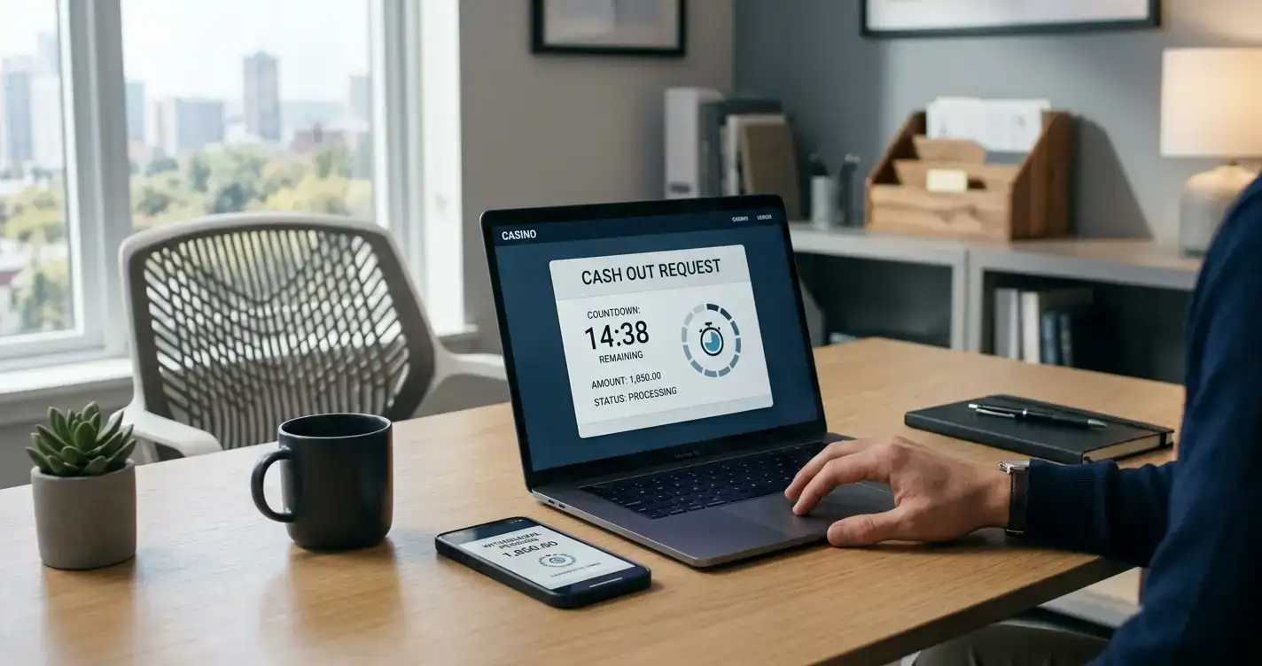 Schreibtisch mit Laptop und Smartphone zeigt Casino-Auszahlungsbildschirm mit Timer-S