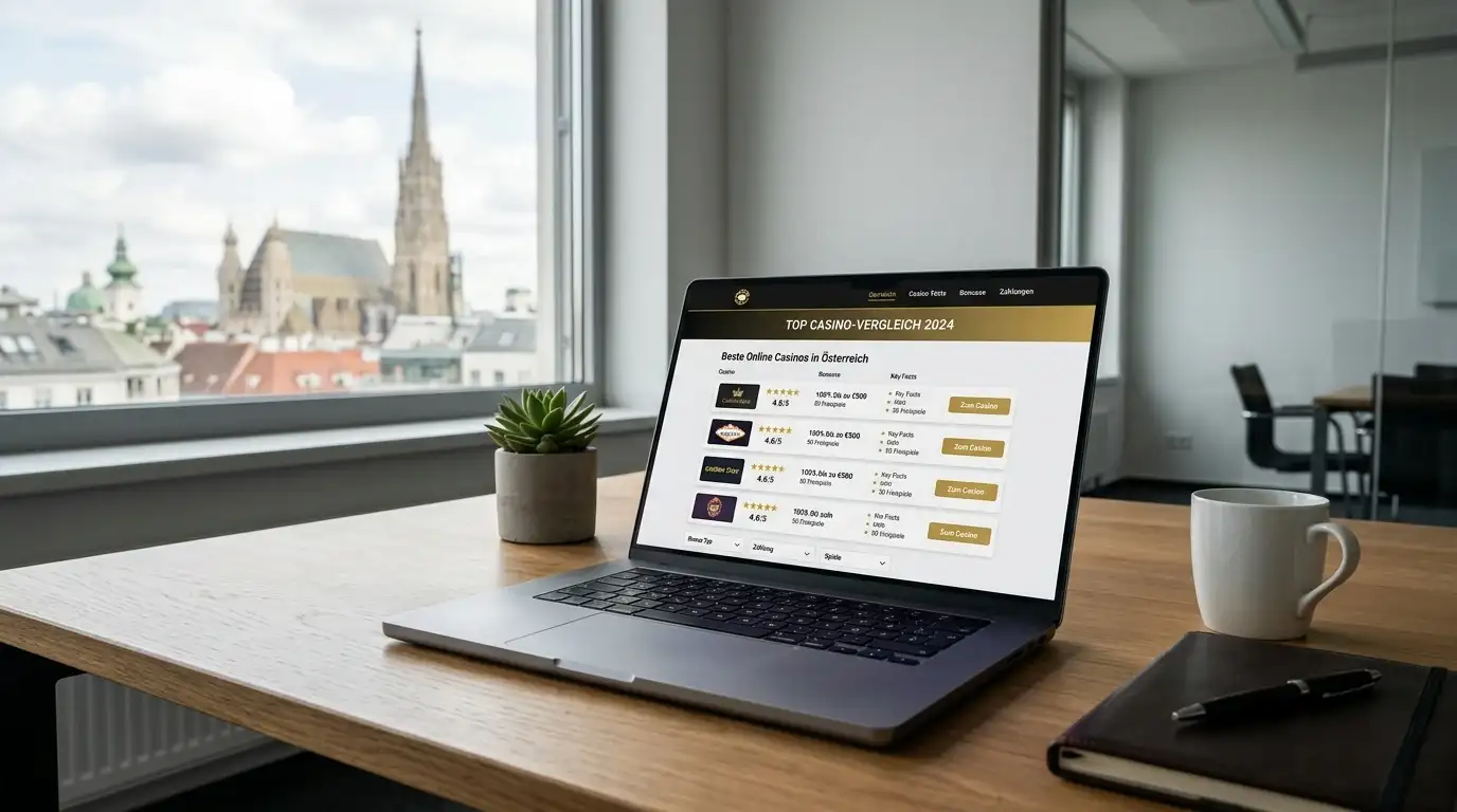 Moderne Übersicht österreichischer Online-Casinos mit Echtgeld auf Laptop-Display