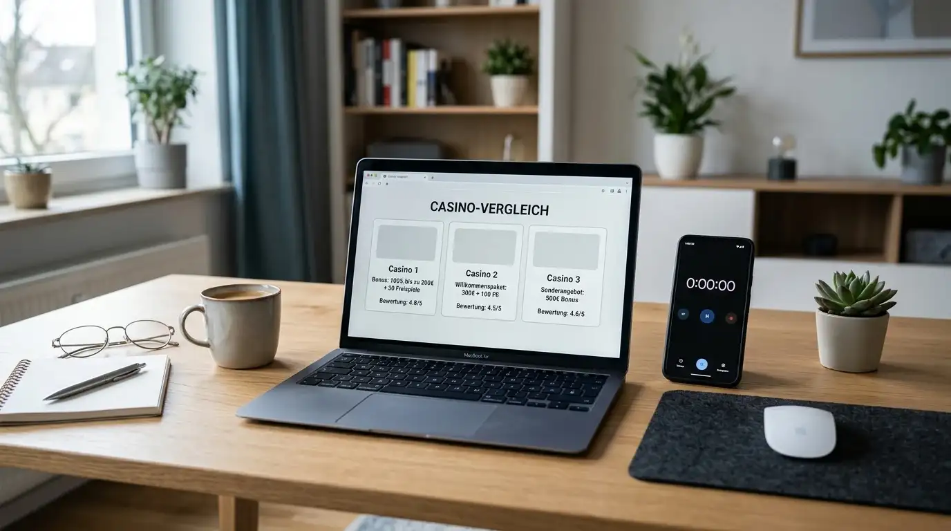 Laptop mit Casino-Vergleich und Smartphone mit gestoppter Timer-Anzeige auf modernem Schreibtisch