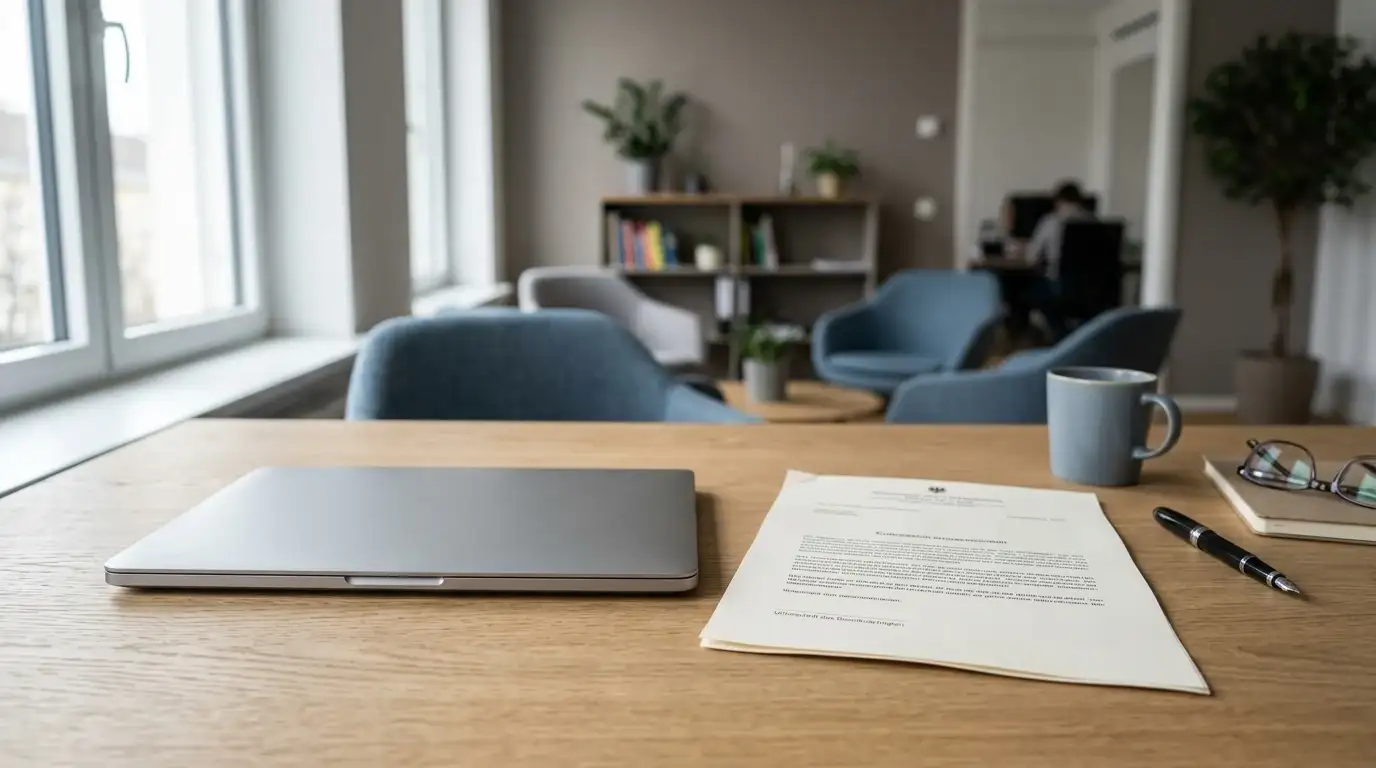 Schreibtisch mit österreichischem Konzessionsdokument und neutralem Casino-Laptop
