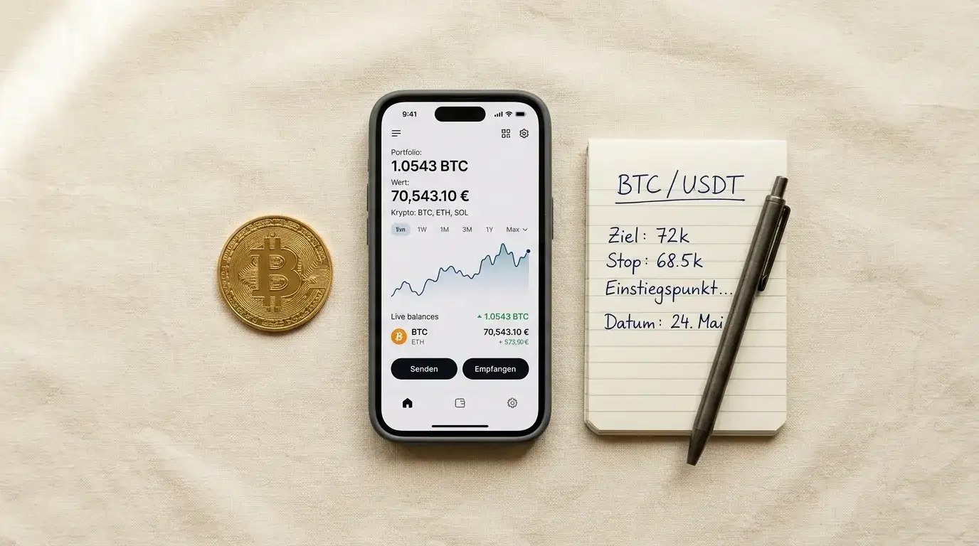 Bitcoin-Coin und Smartphone mit Wallet-Interface auf warmem H