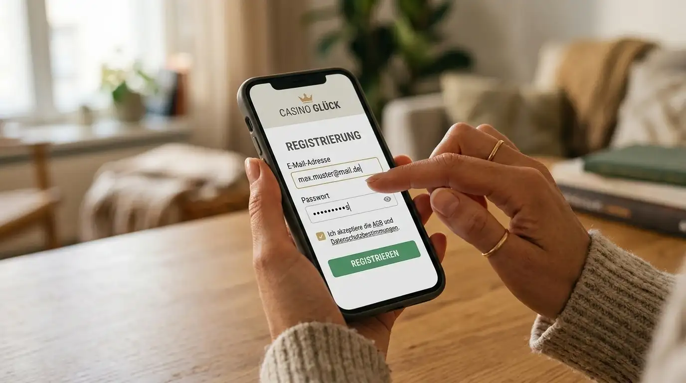 Nahaufnahme von Händen, die ein Smartphone halten und ein Casino-Registrierungsformular ausfüllen