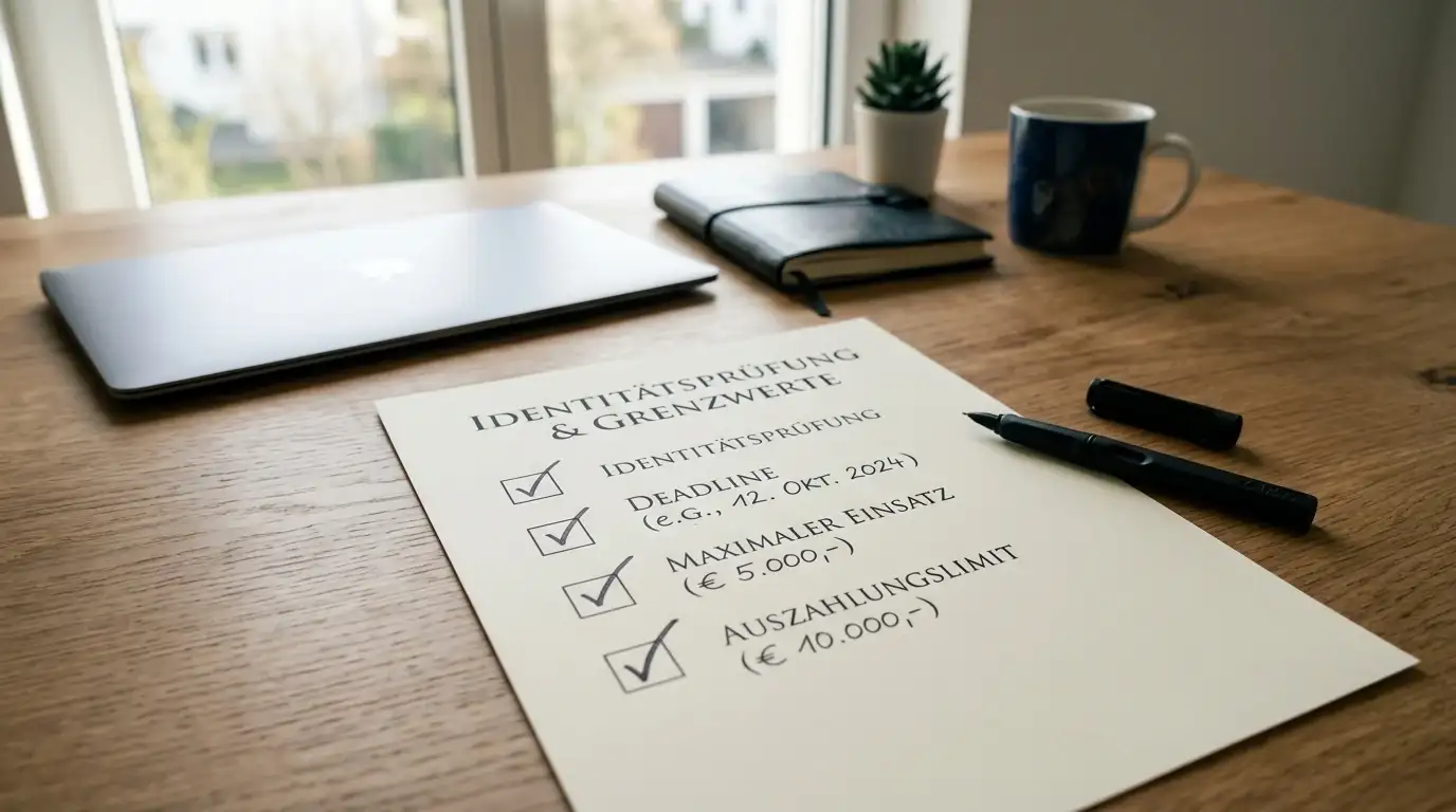Checkliste mit Höchsteinsatz, KYC, Frist und Auszahlungslimit