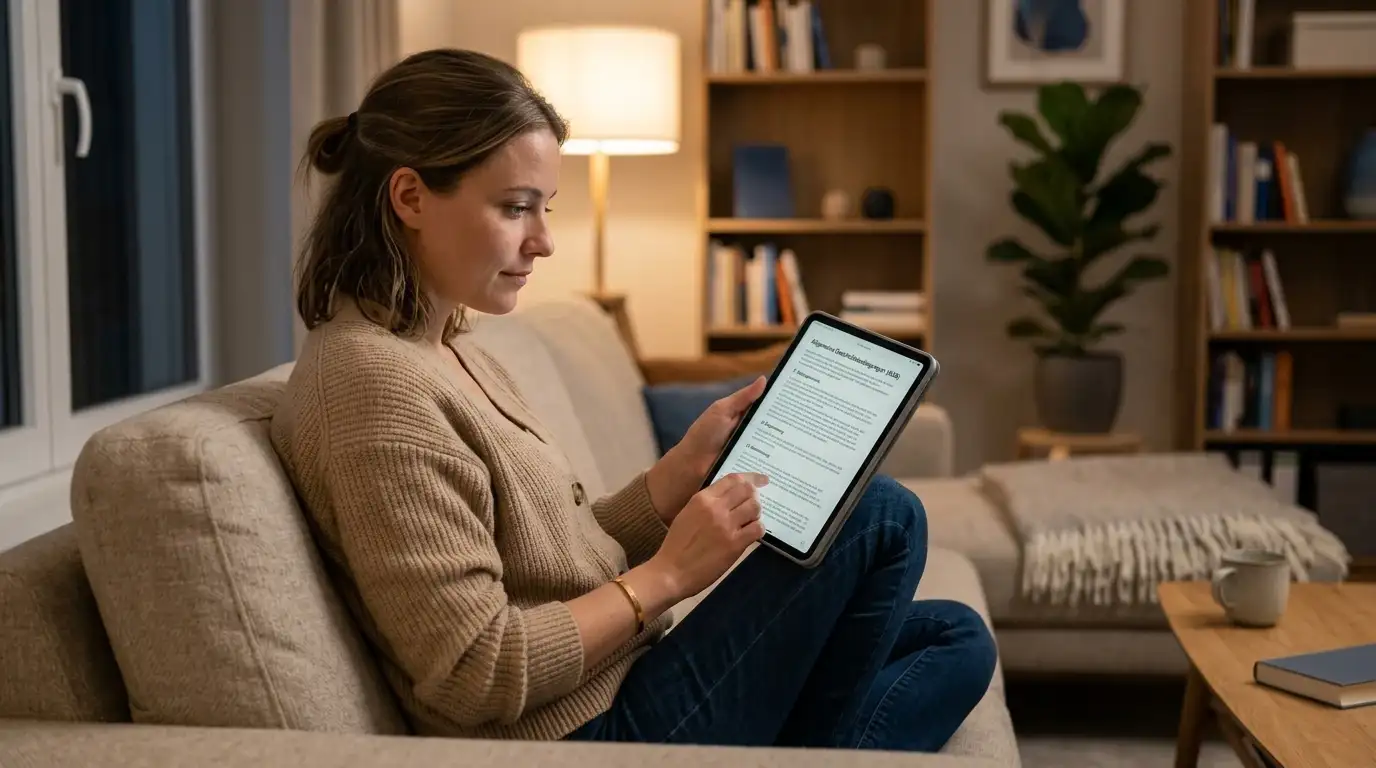 Person liest Bonusbedingungen auf Tablet-Bildschirm