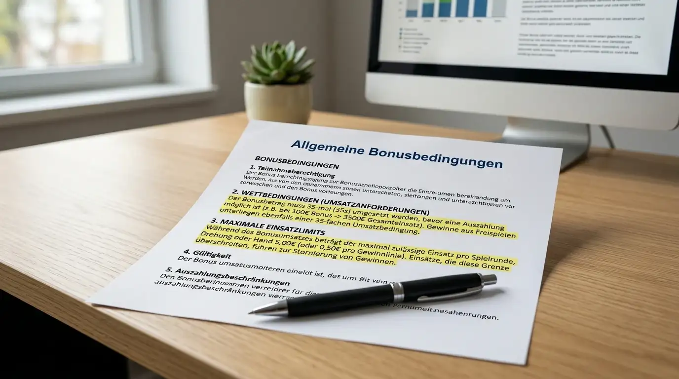 Dokument mit Umsatzbedingungen, Einsatzlimits und Spielgewichtung auf einem Schreibtisch