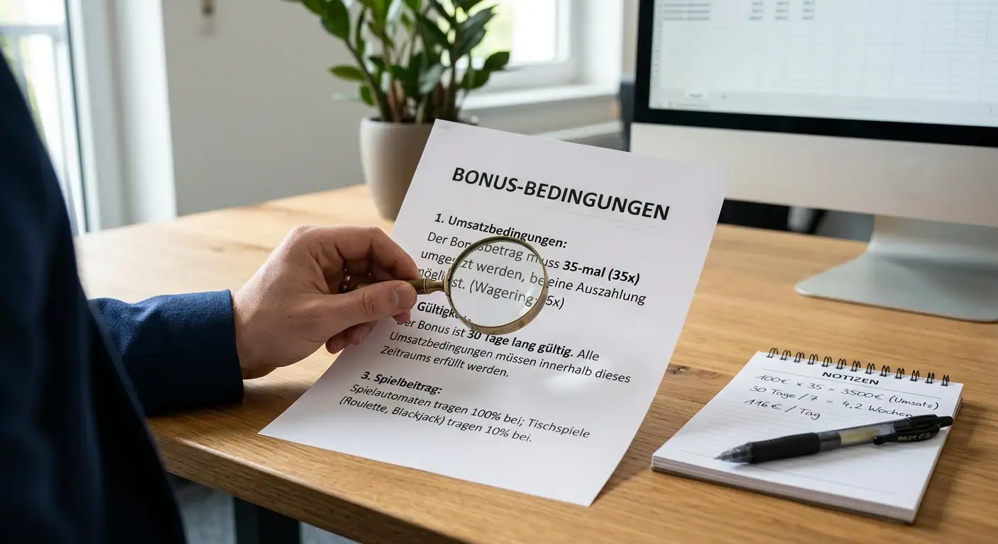 Bonusbedingungen-Dokument mit Lupe und Notizen auf Schreibtisch