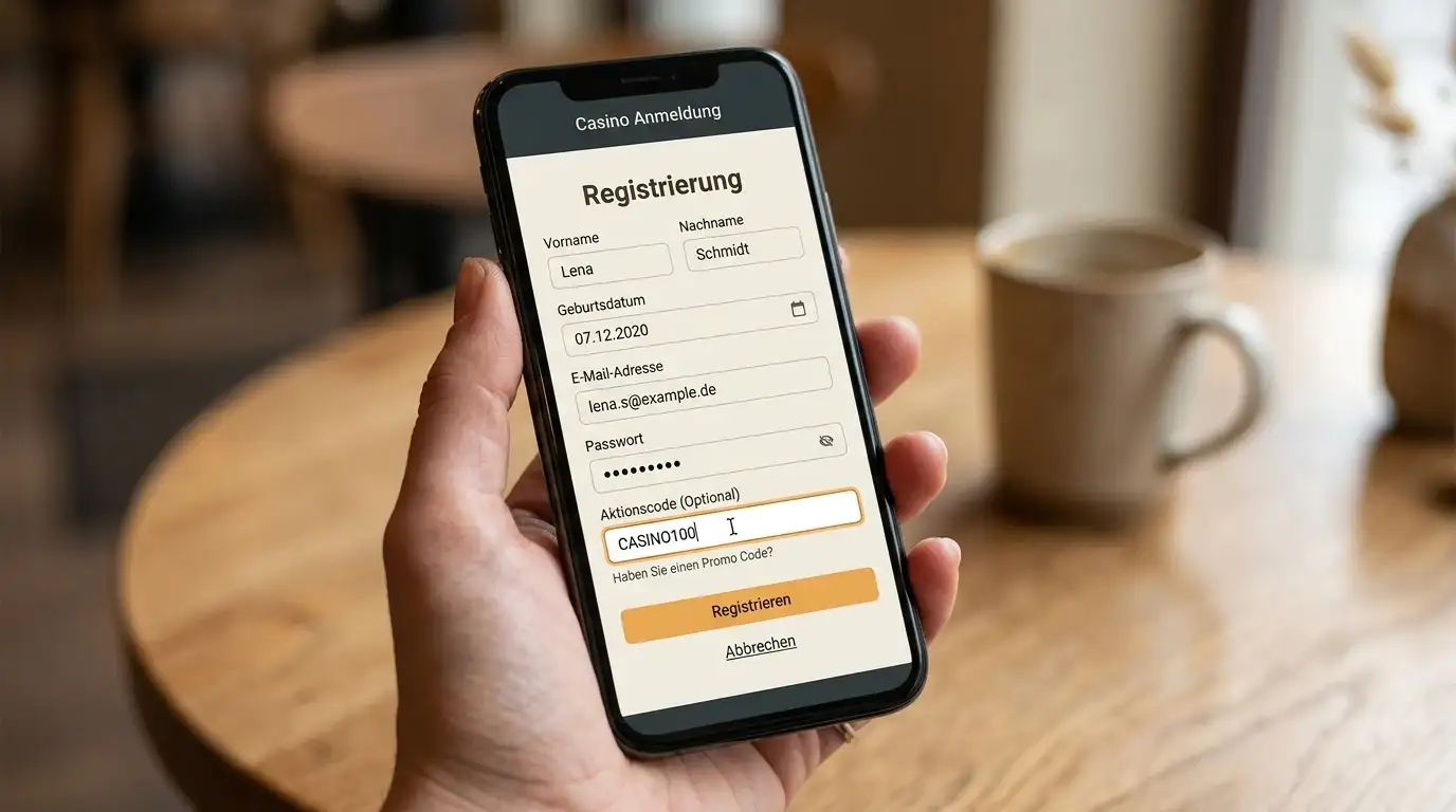 Smartphone mit Casino-Registrierungsformular und Bonuscode-Feld