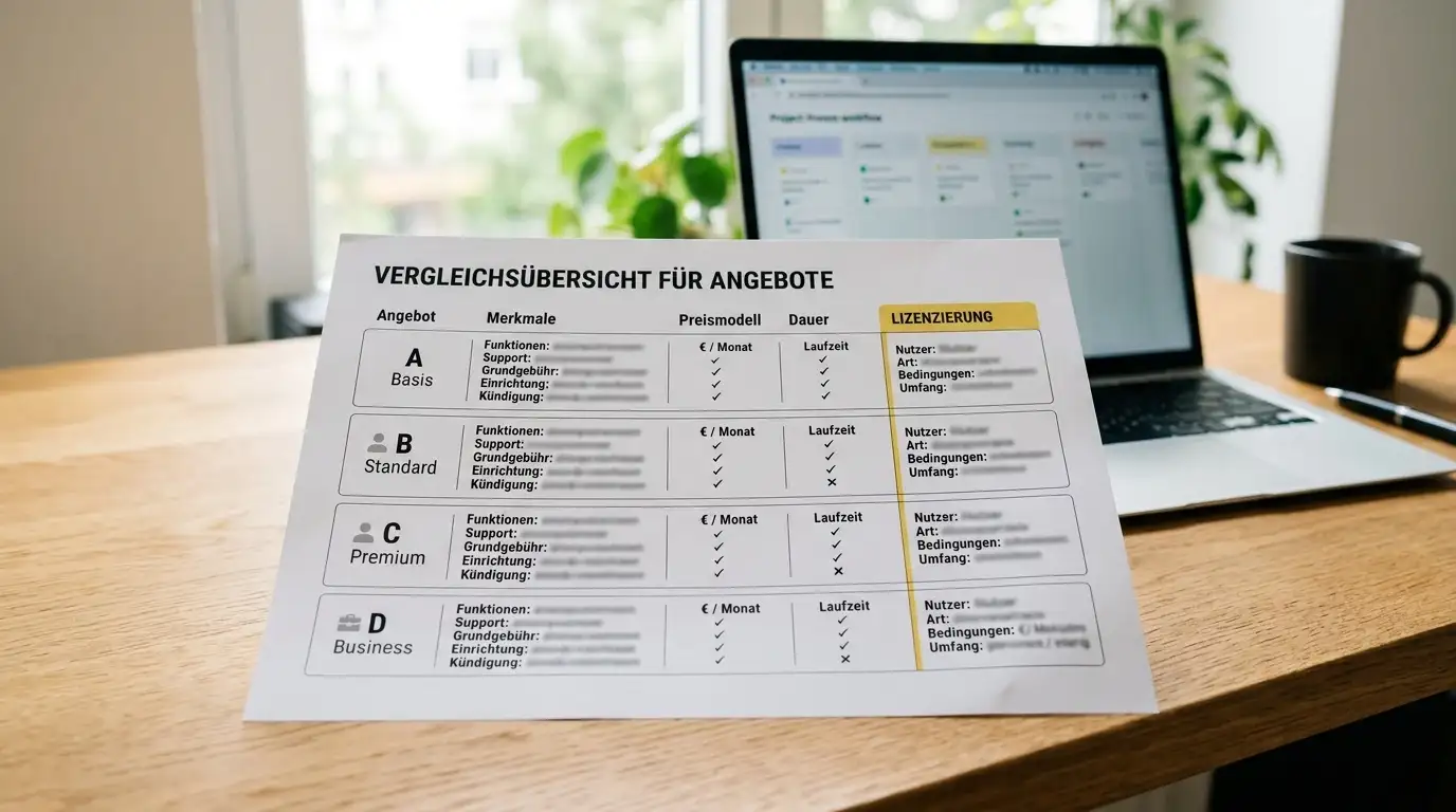 Neutrale Vergleichstabelle mit vier Bonusangeboten und Lizenzspalte