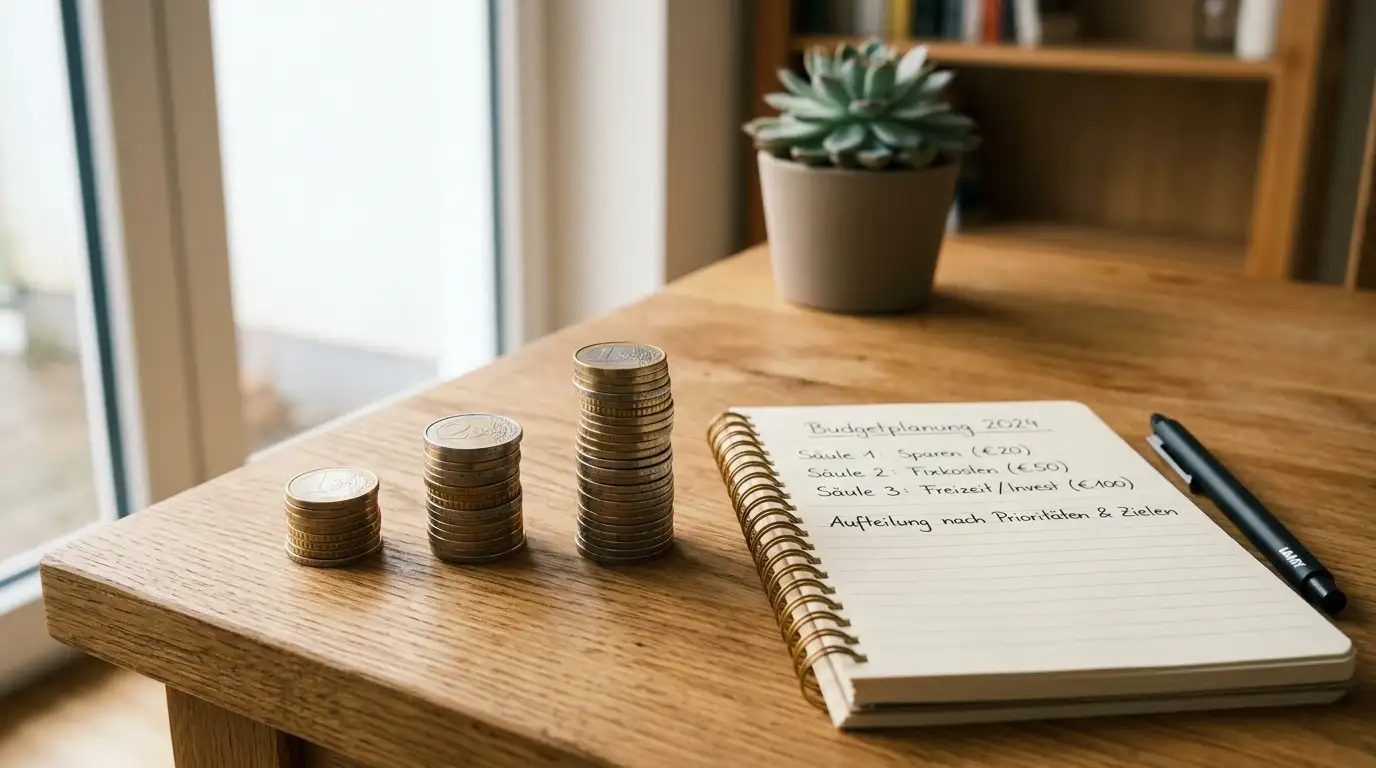 Budget-Planung mit Münzstapeln und Taschenrechner auf Tisch