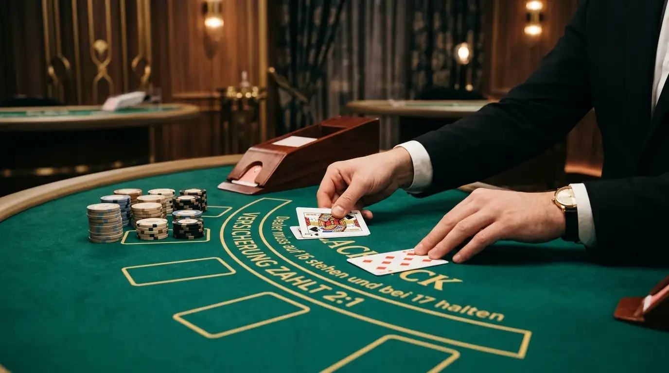 Live-Casino-Tisch mit Croupier und Kartenspiel für ADA-Guthaben
