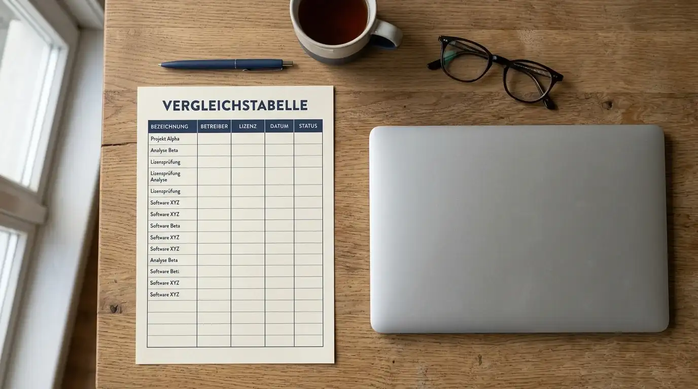 Vergleichstabelle mit neutralen Betreiber- und Lizenzfeldern