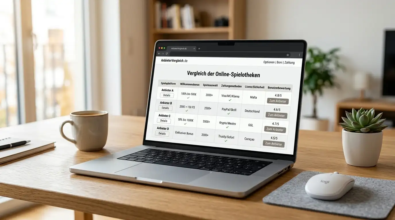 Vergleichstabelle internationaler Casino-Anbieter auf Bildschirm mit neutralen Interface-Elementen