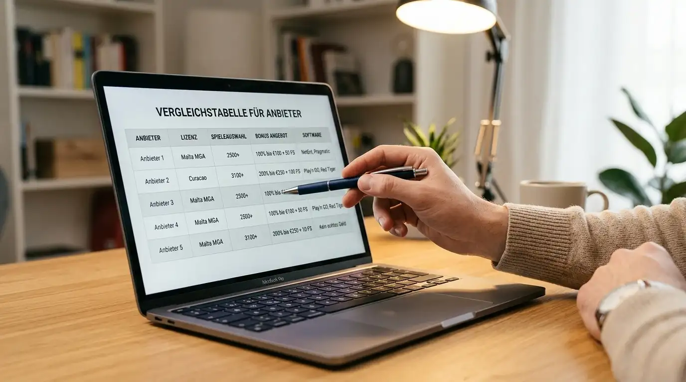 Vergleichstabelle verschiedener internationaler Casino-Anbieter auf Laptop-Bildschirm