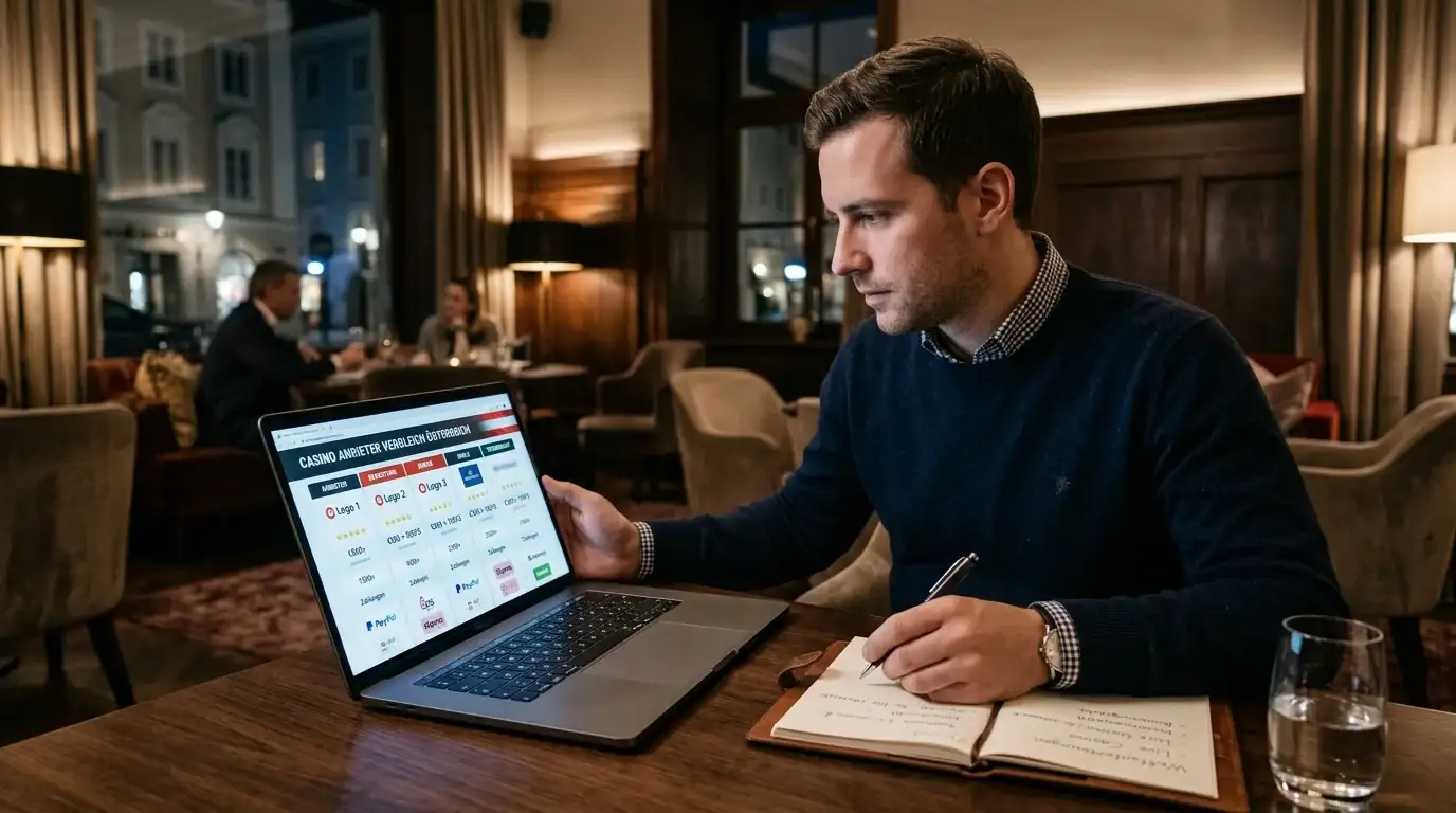 Neutraler Vergleich von sechs Online-Casino-Anbietern auf einem Laptop ohne Markenlogos