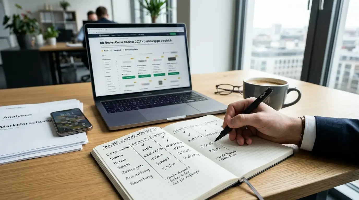 Notebook mit Casino-Vergleichstabelle und Markierungen auf Schreibtisch