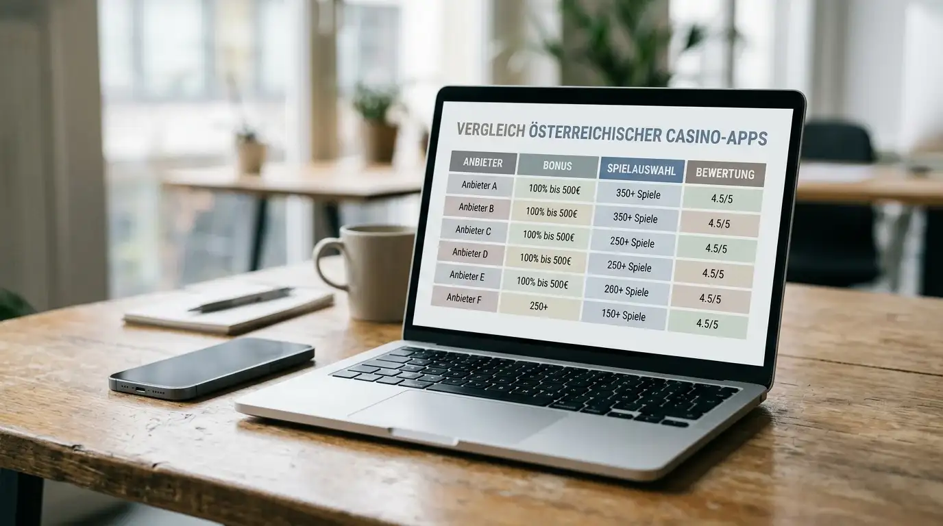 Vergleichstabelle für österreichische Casino-Apps auf einem Laptop