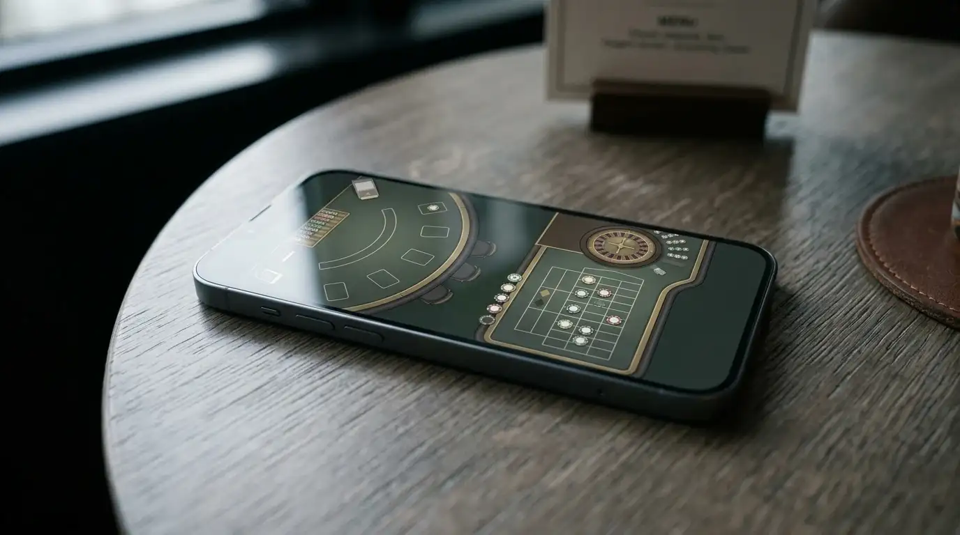 Smartphone mit neutraler Live-Casino-Oberfläche ohne Markenbezug