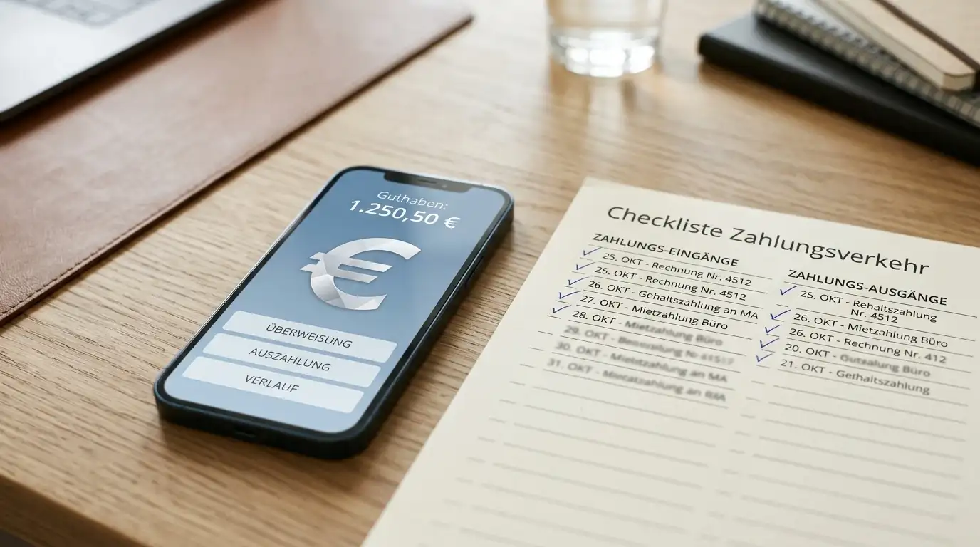 Smartphone neben einer neutralen Übersicht zu Einzahlungen und Auszahlungen