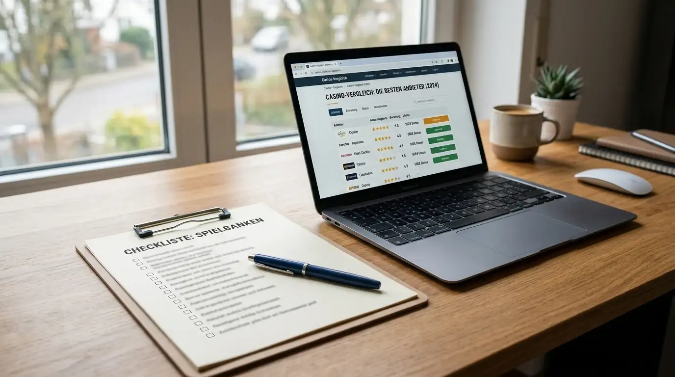 Checkliste auf Papier neben Laptop mit Casino-Vergleich