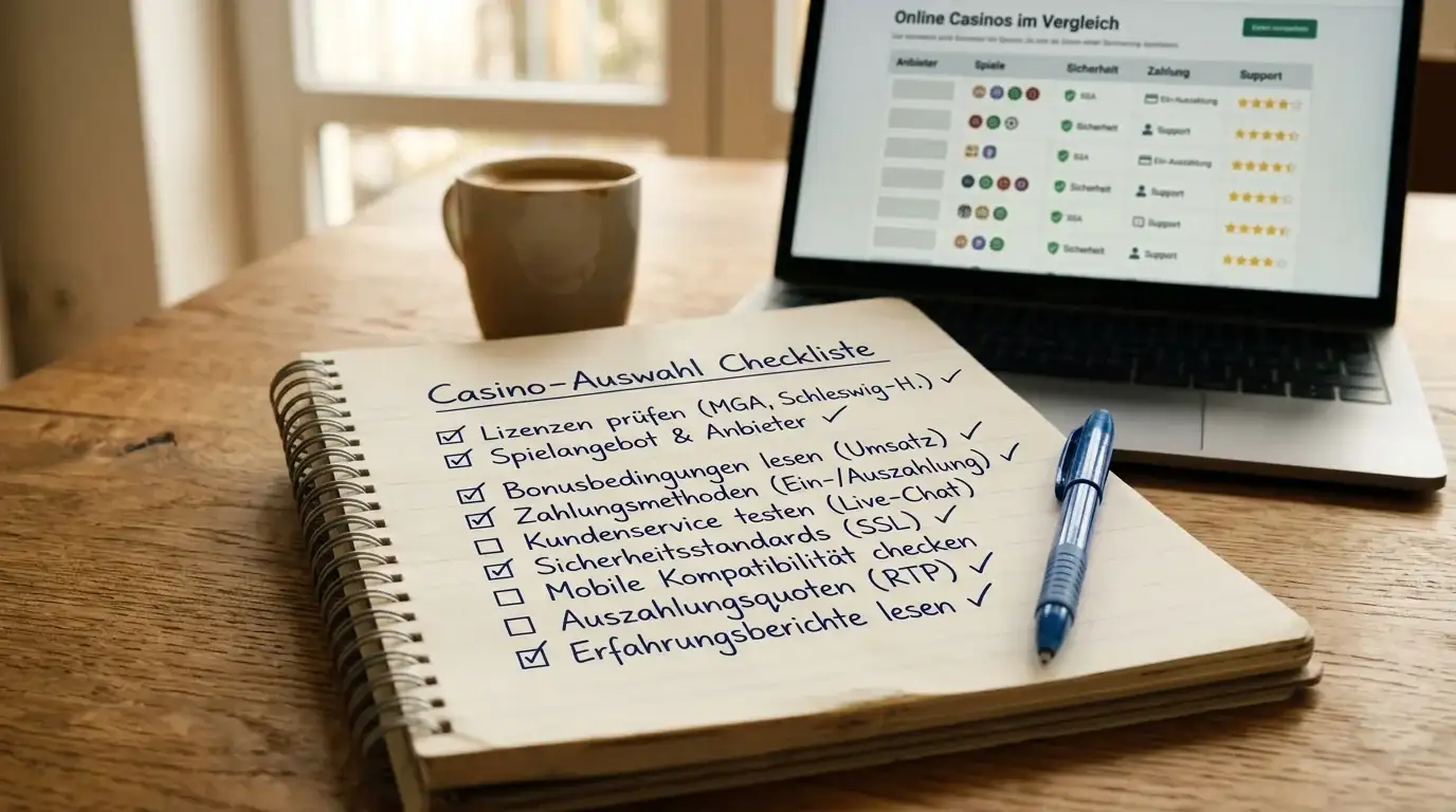 Checkliste auf Notizblock mit Kriterien für Casino-Auswahl