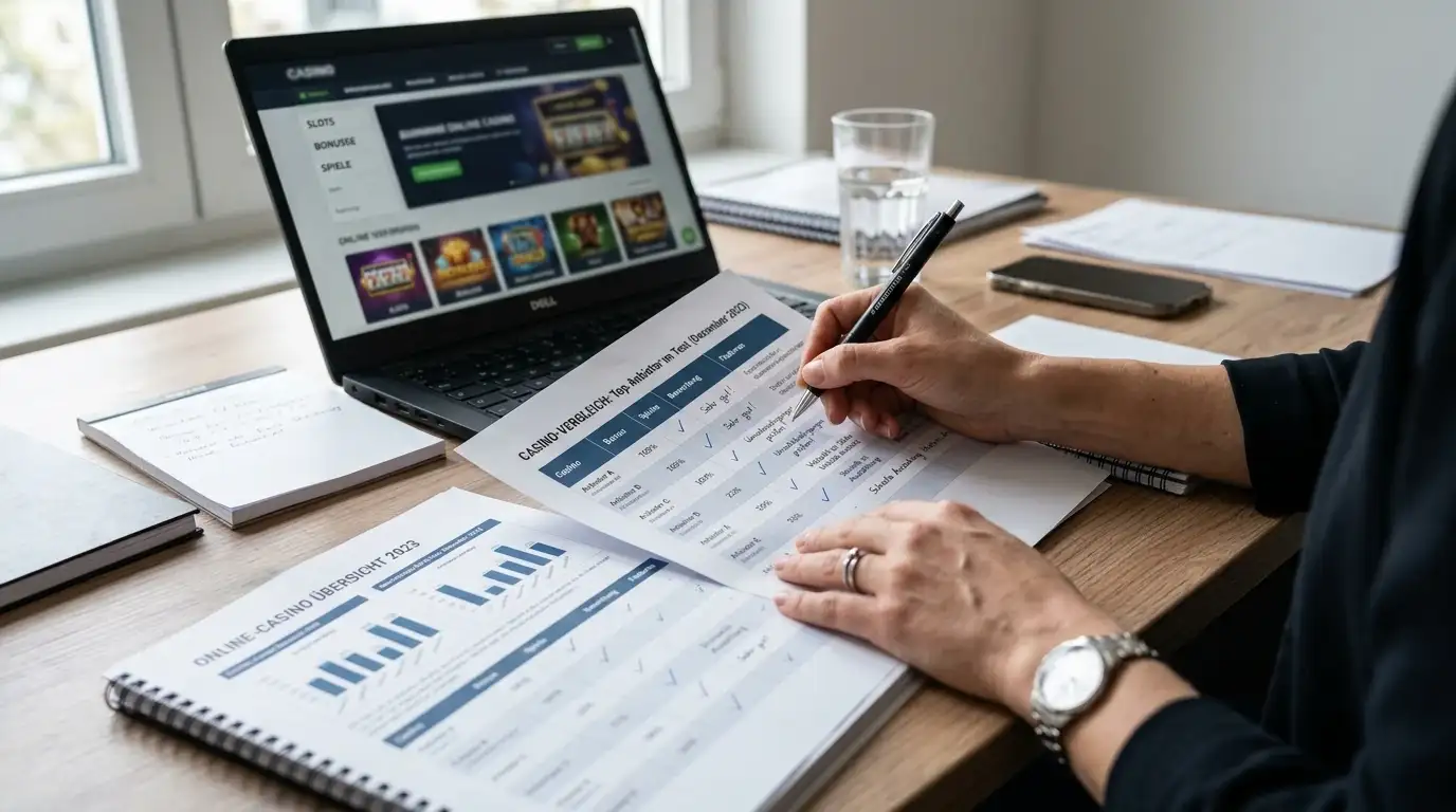 Person am Schreibtisch mit Notizen und Casino-Vergleichsliste