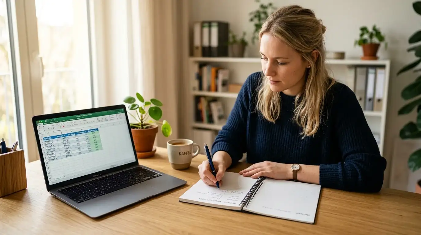 Person am Schreibtisch mit Notizbuch und Laptop beim Vergleichen von Casino-Optionen