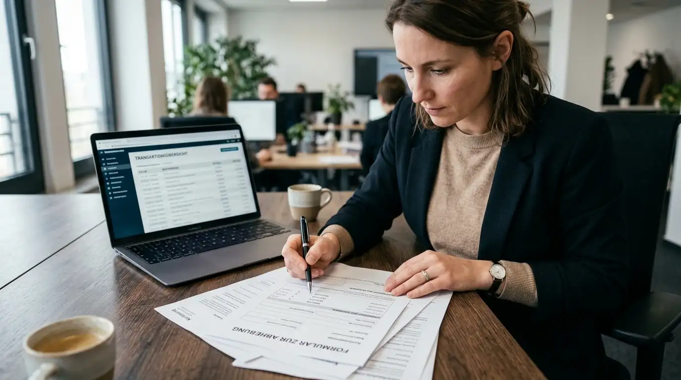 Person am Schreibtisch prüft Auszahlungsbeleg und Dokumente, Taschenrechner und Notizen sichtbar