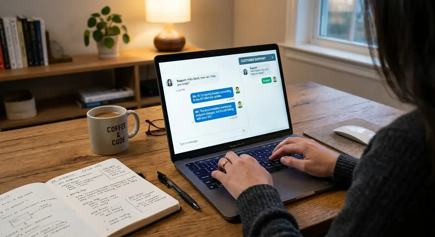 Person tippt auf Laptop mit geöffnetem Support-Chat und Dokument