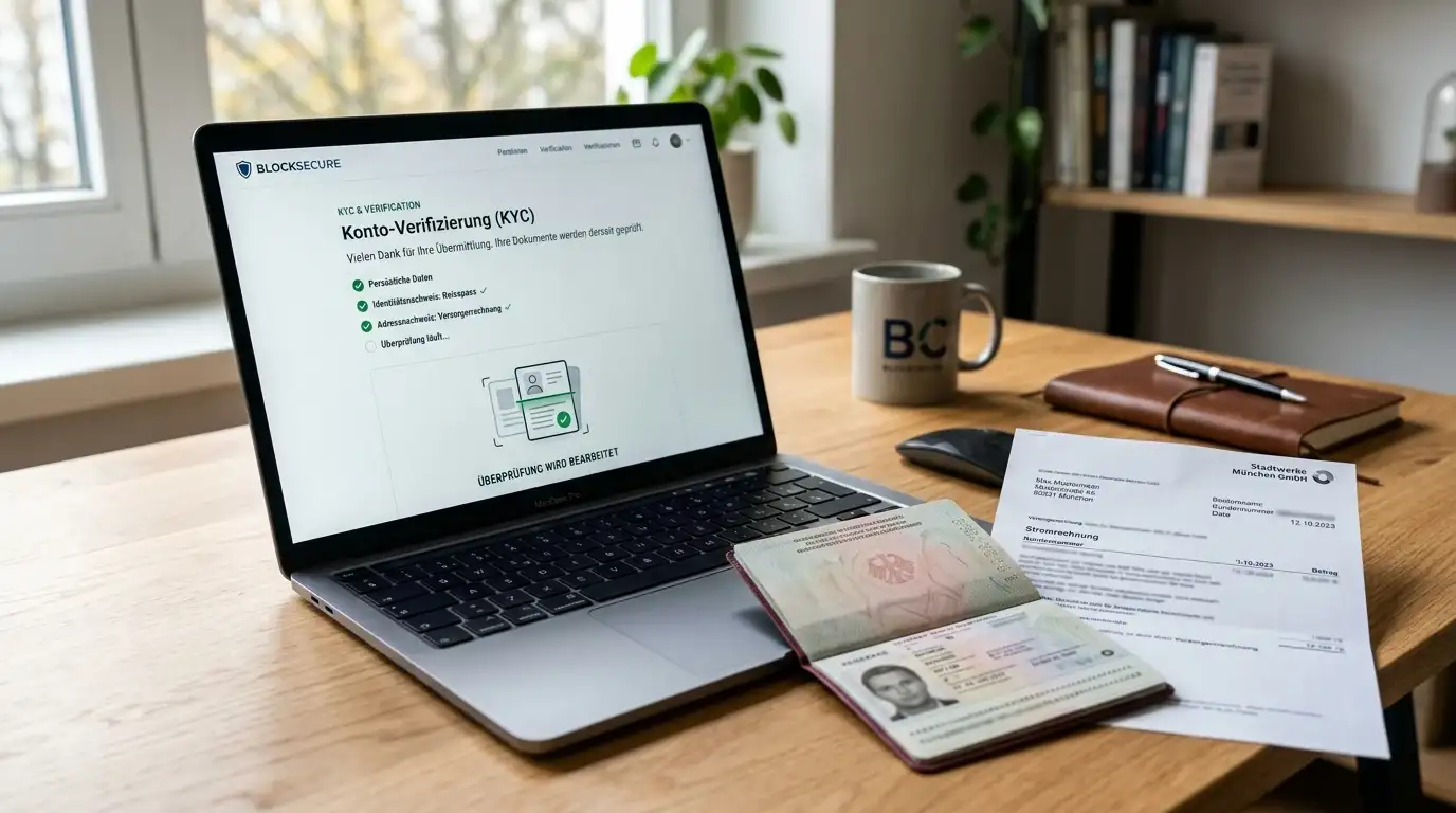 Krypto-Wallet-Transfer und KYC-Dokumente auf Schreibtisch