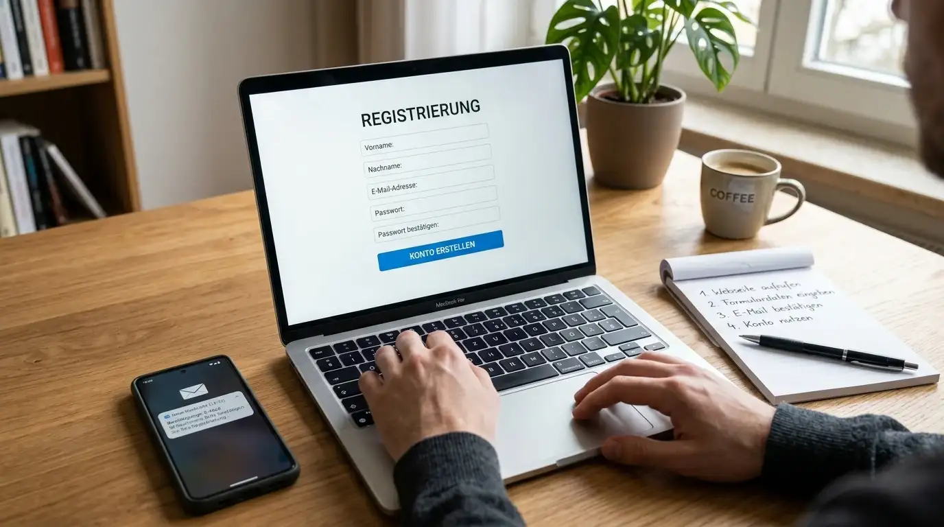 Laptop mit Registrierungsformular, Smartphone mit Bestätigungs-E-Mail, Notizblock mit Schritten