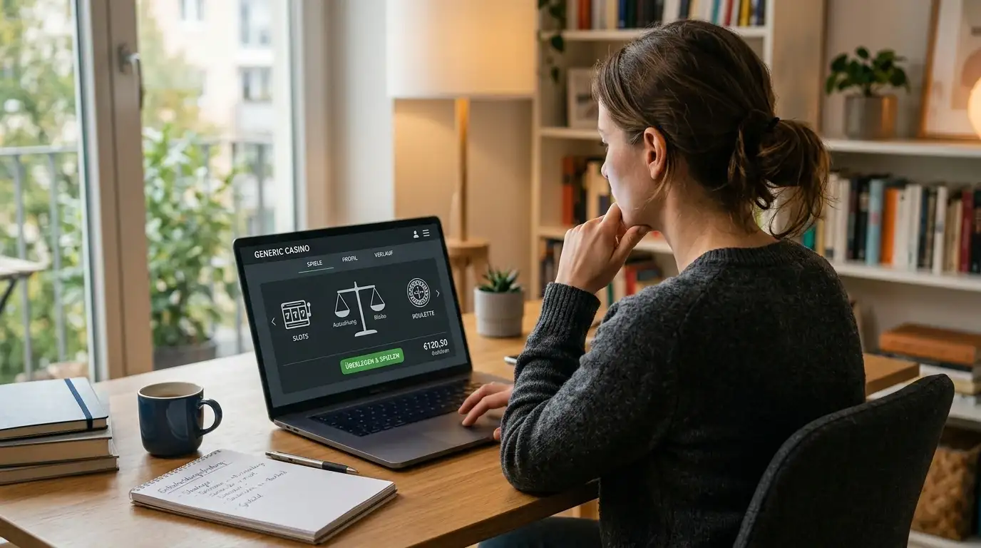 Person vor Laptop mit nachdenklichem Gesichtsausdruck, Waage-Symbol im Hintergrund