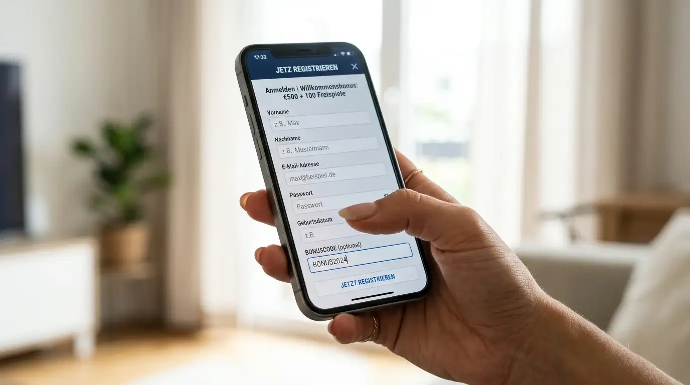 Hand hält Smartphone mit offener Casino-Registrierung und Bonuscode-Eingabefeld