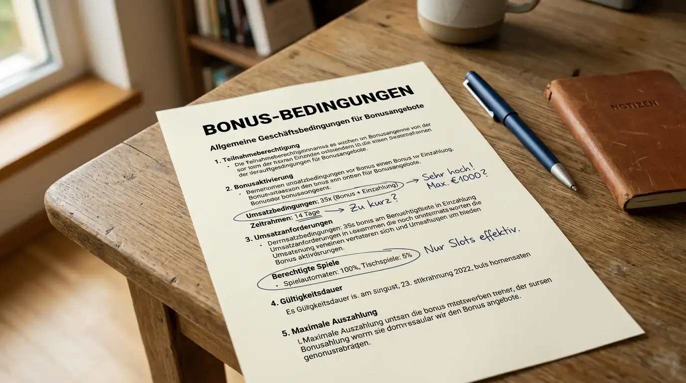 Bonusbedingungen-Dokument mit Taschenrechner und Notizen