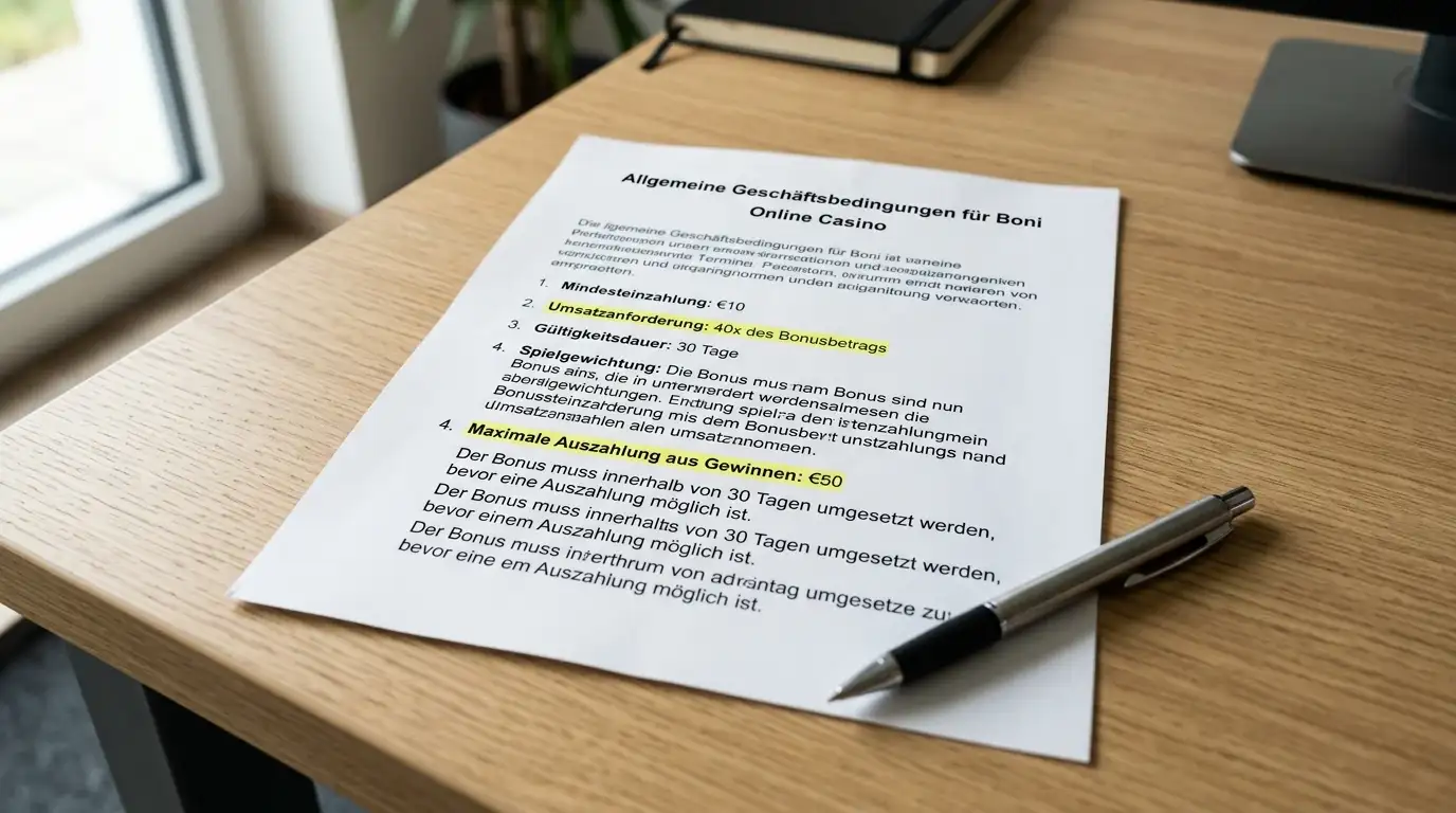 Dokument mit Bonusbedingungen und markierten Umsatzanforderungen